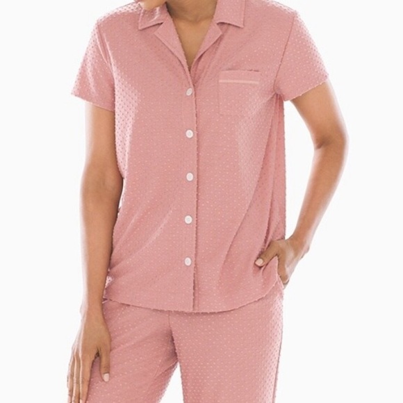 NEW Soma Textured Dot Short Sleeve Notch Collar Pajama Top Pink - Picture 2 of 8